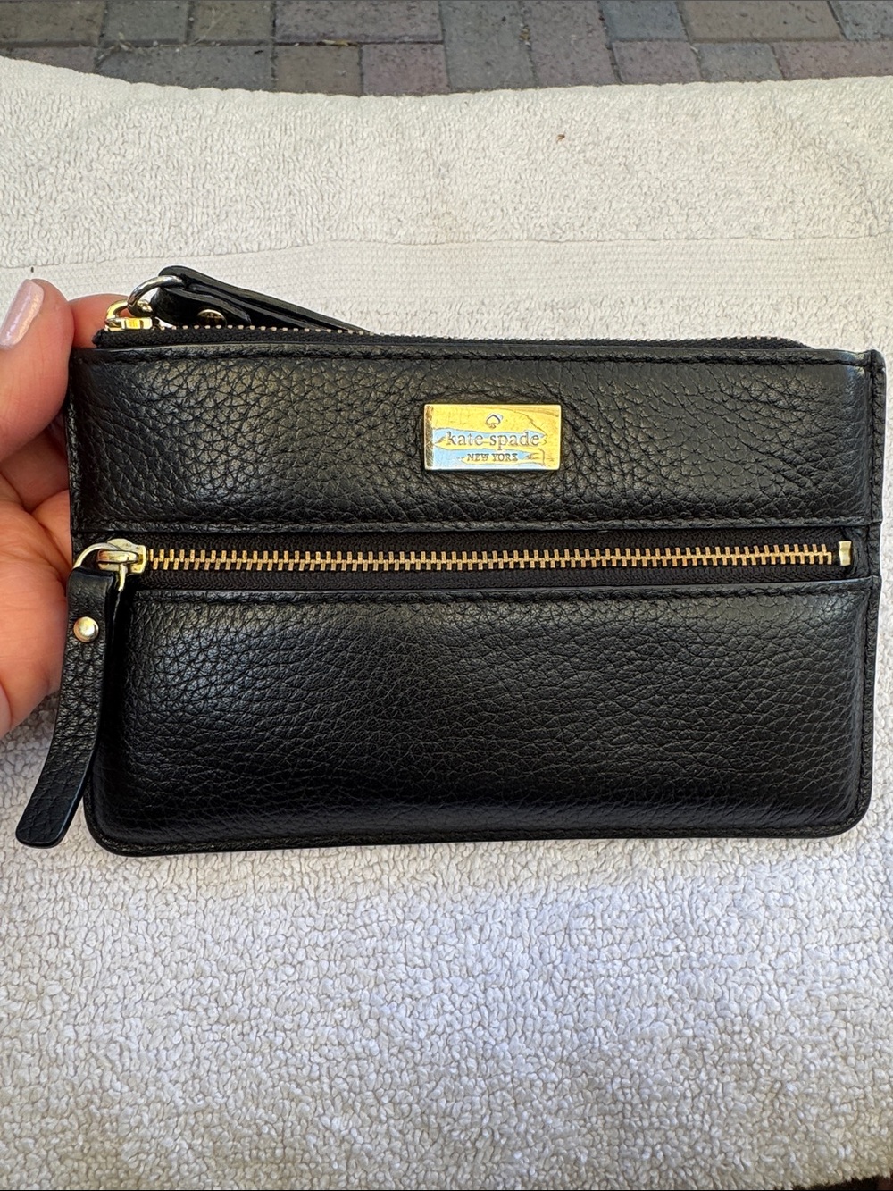 kate spade Black Pebbled Leather Zip Wristlet with Gold Hardware